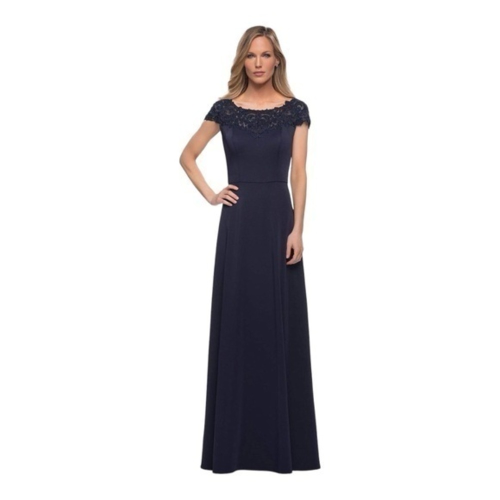 La Femme - 29511 Bateau A-Line Evening Dress Navy Size 14 NWOT Mother of Bride